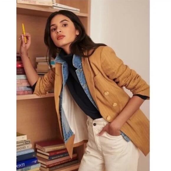 Veronica Beard Gaya Pinstripe Linen Dickey Blazer Jacket Camel Size 10 - Picture 2 of 10